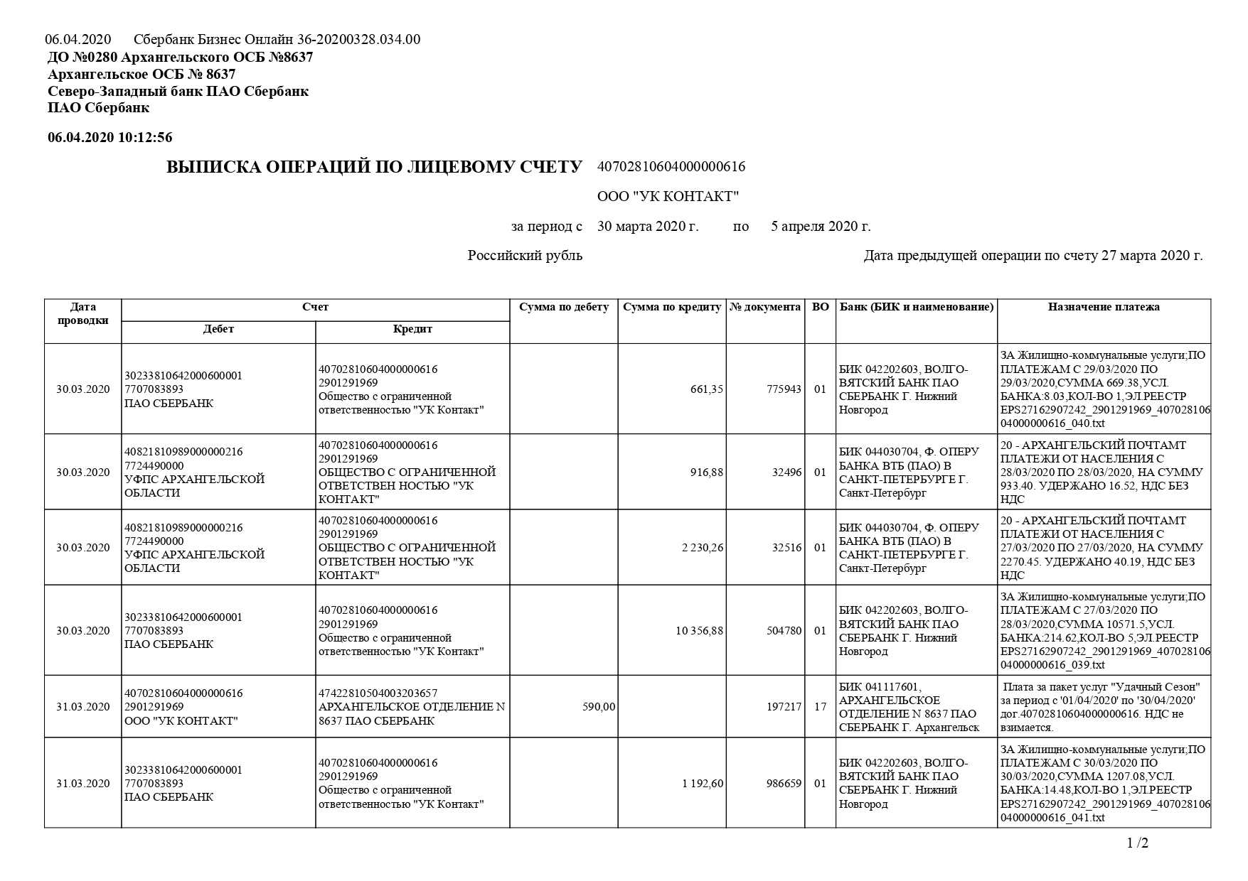 Выписка операций по лицевому счету за период 30.03 - 05.04